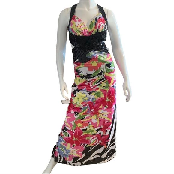 Prom Dress Shimmering Black/Pink Floral Prom  Criss-Cross Back size 3/4 - Picture 3 of 11